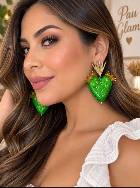 Green Cactus Heart Hand-Embroidered Earring -Mexican Artisan Jewerly (Copia)