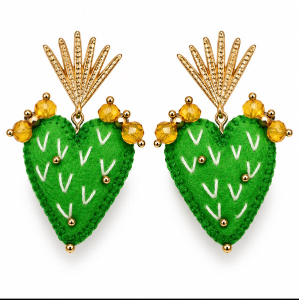 Green Cactus Heart Hand-Embroidered Earring -Mexican Artisan Jewerly (Copia)