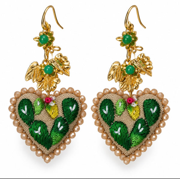Green Cactus Heart Hand-Embroidered Earring -Mexican Artisan Jewerly