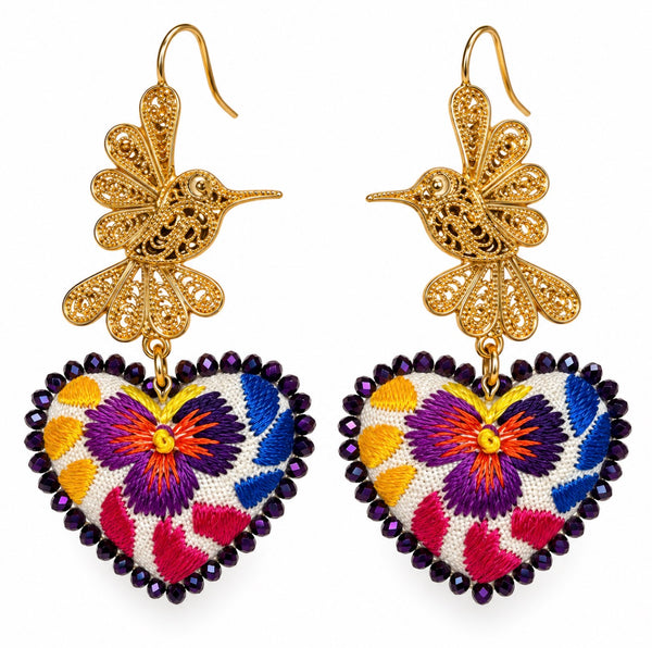 Hand-Embroidered Floral Heart Earrings – Mexican Artisan Jewelry