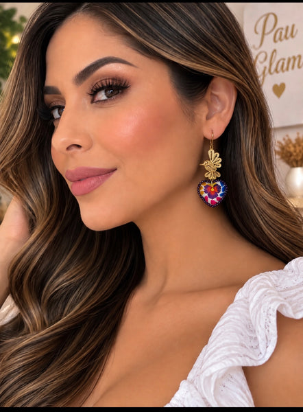 Hand-Embroidered Floral Heart Earrings – Mexican Artisan Jewelry