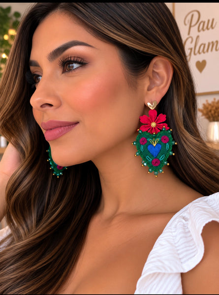Hand-Embroidered Sacred Heart Floral Earrings – Mexican Artisan Jewelry