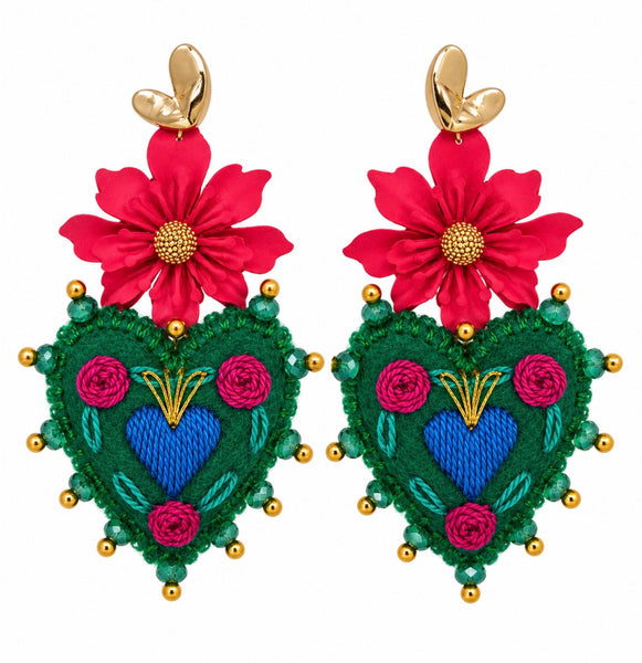 Hand-Embroidered Sacred Heart Floral Earrings – Mexican Artisan Jewelry