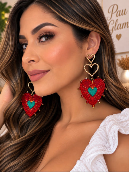 Hand-Embroidered Sacred Heart Earrings – Mexican Artisan Jewelry