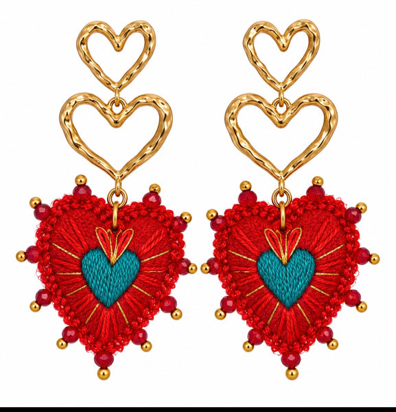 Hand-Embroidered Sacred Heart Earrings – Mexican Artisan Jewelry
