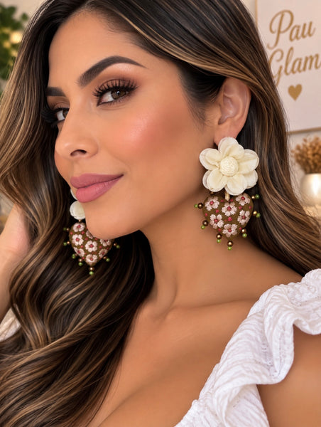Hand-Embroidered Floral Heart Earrings – Mexican Artisan Jewelry