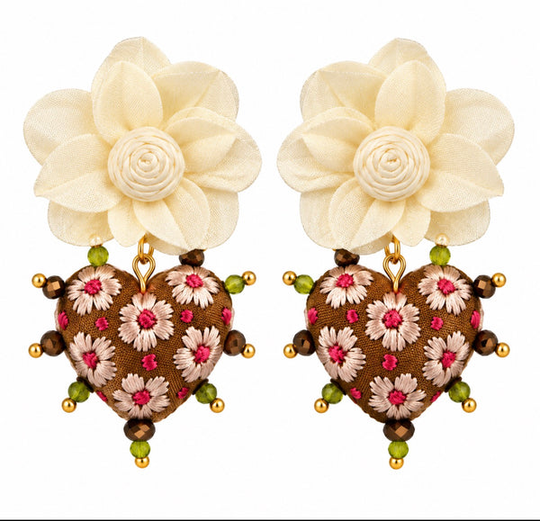 Hand-Embroidered Floral Heart Earrings – Mexican Artisan Jewelry