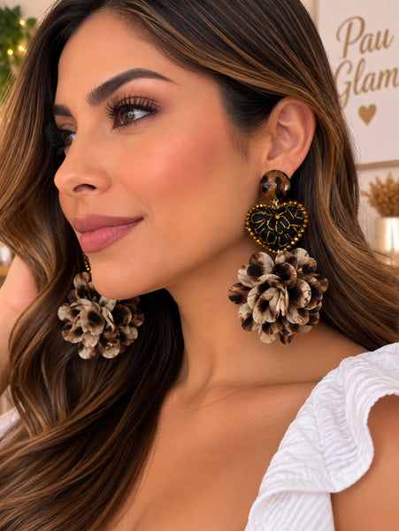 Hand-Embroidered Leopard Heart Statement Earrings – Artisan Jewelry