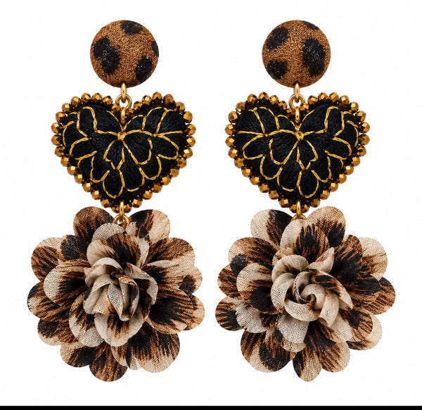 Hand-Embroidered Leopard Heart Statement Earrings – Artisan Jewelry