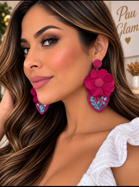 Hand-Embroidered Fuchsia Floral Heart Earrings – Mexican Artisan Jewelry