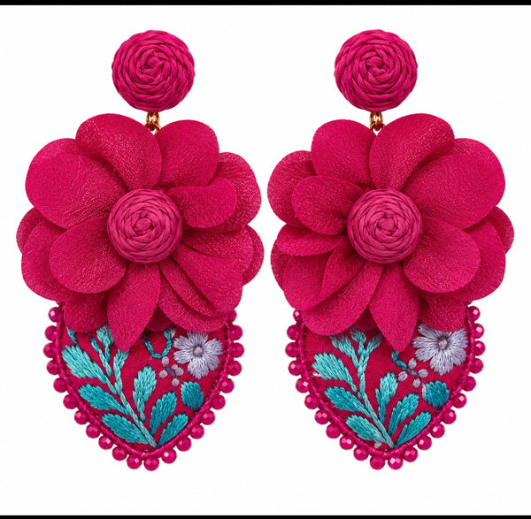 Hand-Embroidered Fuchsia Floral Heart Earrings – Mexican Artisan Jewelry