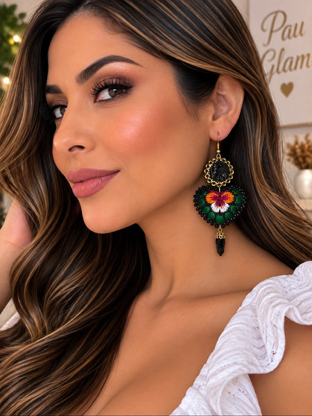 Hand-Embroidered Black Floral Heart Earrings – Mexican Artisan Jewelry