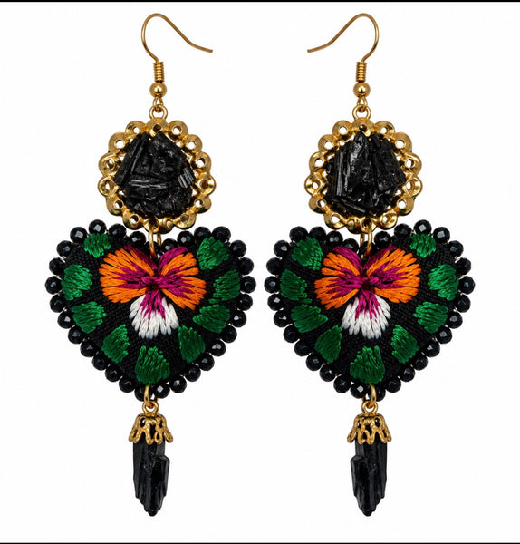 Hand-Embroidered Black Floral Heart Earrings – Mexican Artisan Jewelry