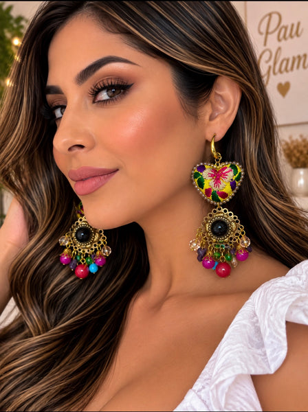 Oaxacan Pansy Hand-Embroidered Heart Earrings – Mexican Artisan Jewelry