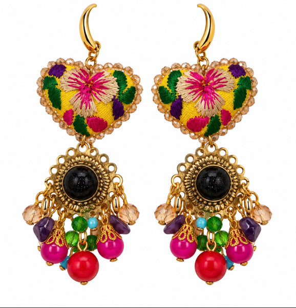 Oaxacan Pansy Hand-Embroidered Heart Earrings – Mexican Artisan Jewelry