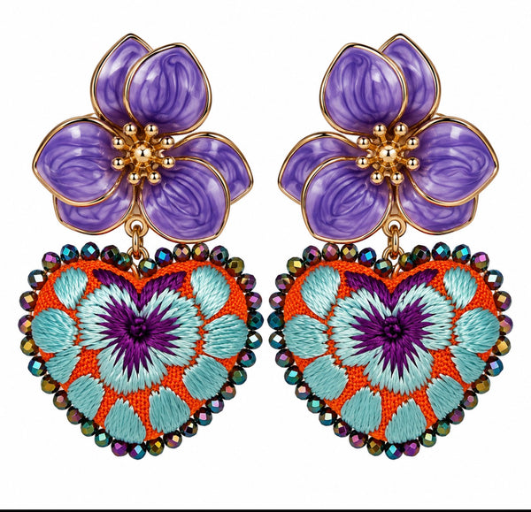Purple Flower Hand-Embroidered Heart Earrings