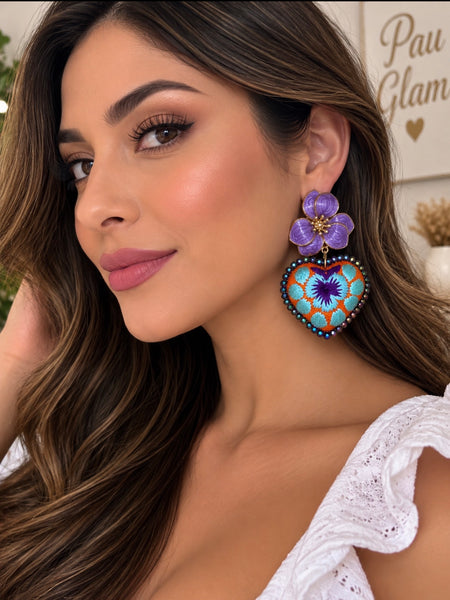 Purple Flower Hand-Embroidered Heart Earrings