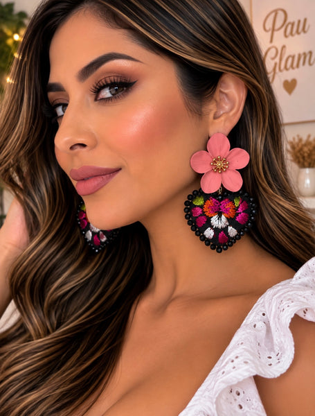 Pink Flower Hand-Embroidered Pansy Heart Earrings