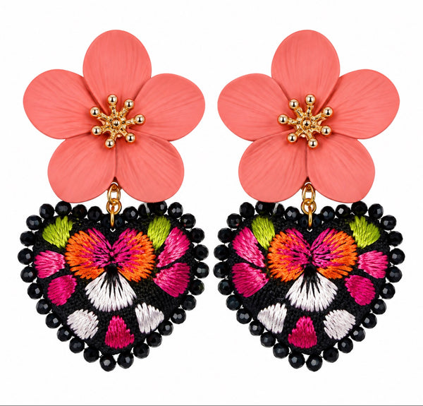 Pink Flower Hand-Embroidered Pansy Heart Earrings