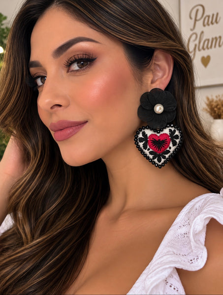 Black Flower Hand-Embroidered Heart Earrings