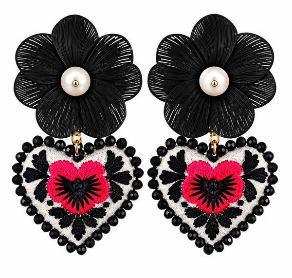 Black Flower Hand-Embroidered Heart Earrings