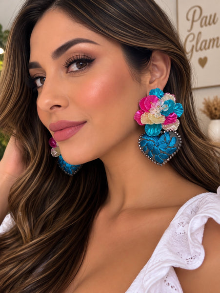 Turquoise Floral Hand-Embroidered Heart Earrings