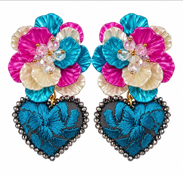 Turquoise Floral Hand-Embroidered Heart Earrings