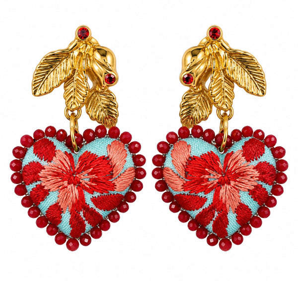 Hand-embroidered turquoise heart earrings with colorful floral and beaded details. Unique artisan statement earrings by PauGlam.