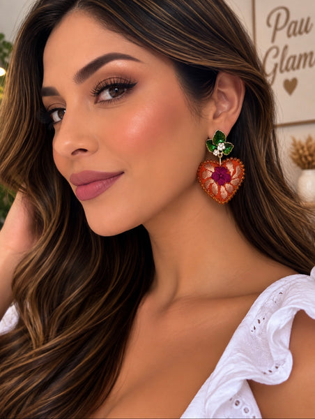 Orange Floral Hand-Embroidered Heart Earrings