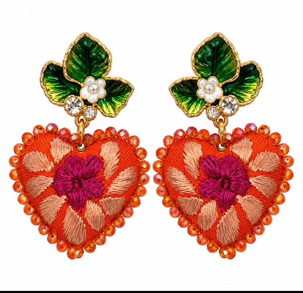 Orange Floral Hand-Embroidered Heart Earrings