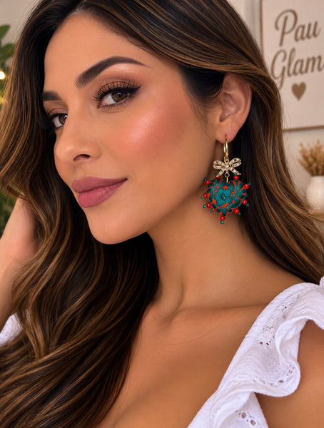 Bow Turquoise Hand-Embroidered Heart Earrings
