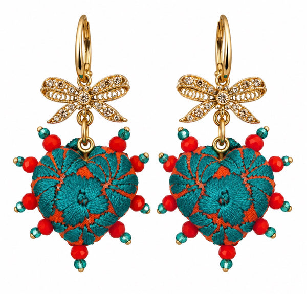 Bow Turquoise Hand-Embroidered Heart Earrings