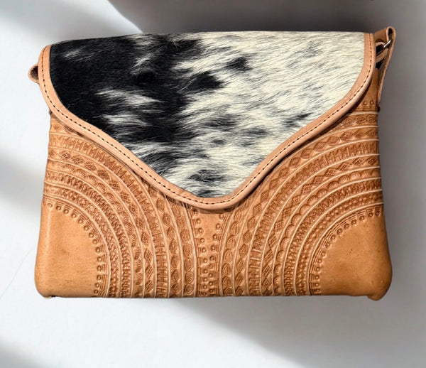 Handtooled Tan Leather & Cowhide Envelope Crossbody/Clutch