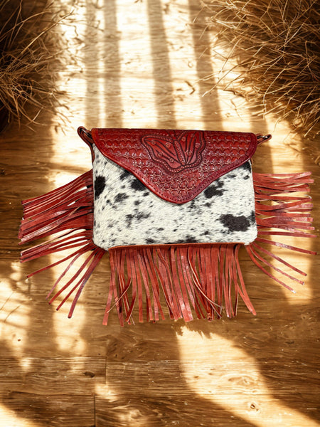Handtooled Red Leather & Cowhide Fringe Crossbody