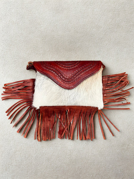 Handtooled Red Leather & Cowhide Fringe Crossbody