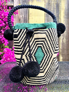 Wayuu / Colombian - Bag with Braided handle - Black, teal and white